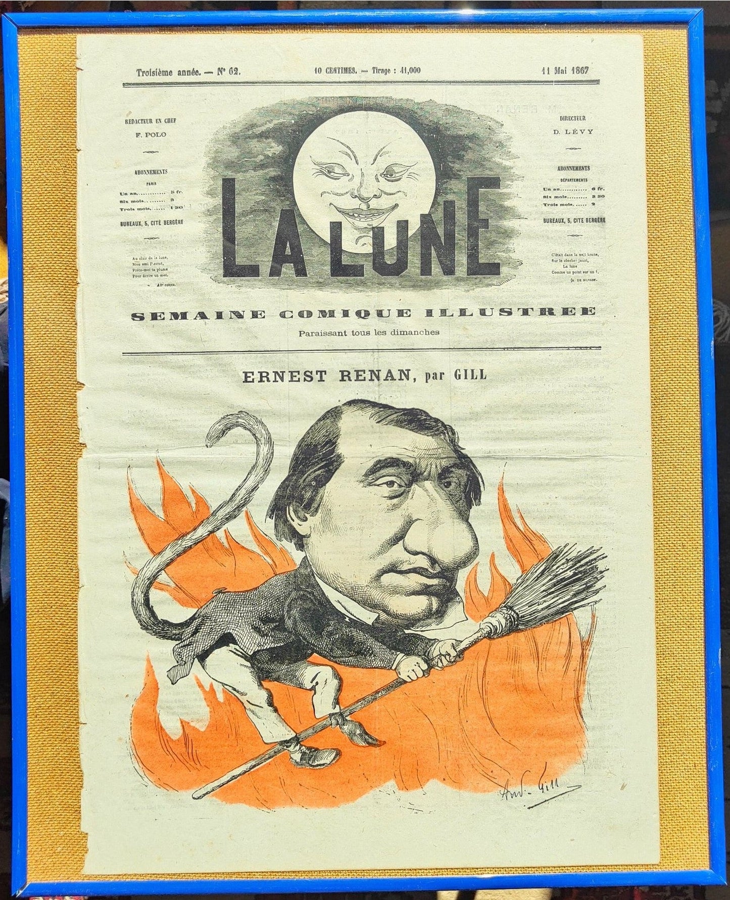 Caricature d’Ernest Renan en une du journal La Lune, lithographie ancienne bien encadrée au format 40 x 50 cm