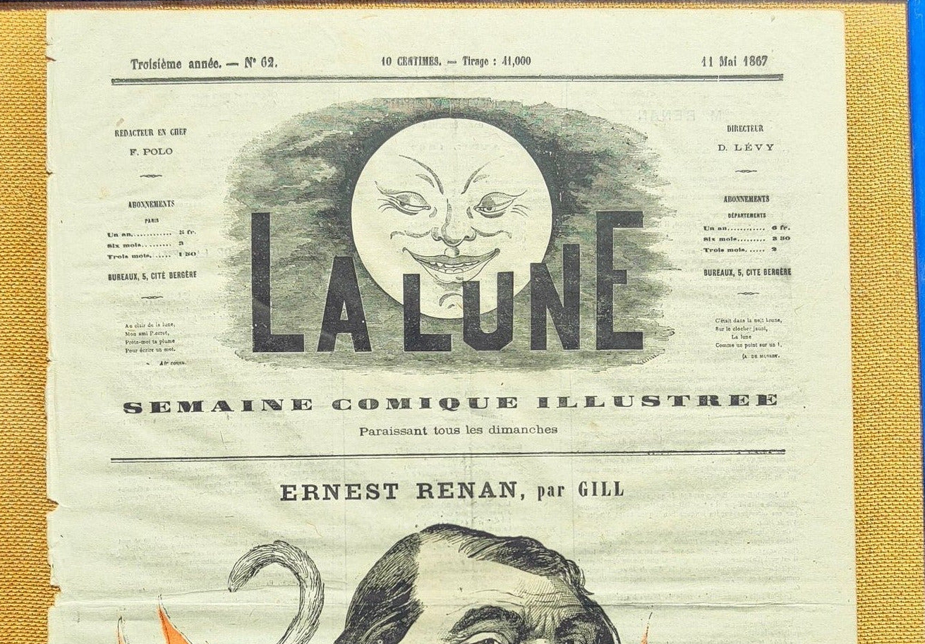 Caricature d’Ernest Renan en une du journal La Lune, lithographie ancienne bien encadrée au format 40 x 50 cm