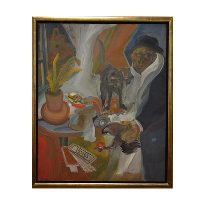 Homme au poulet et au chat huile Serge Kantorowicz 1970 scène de genre art moderne français 90x110 cm 2200 euros
