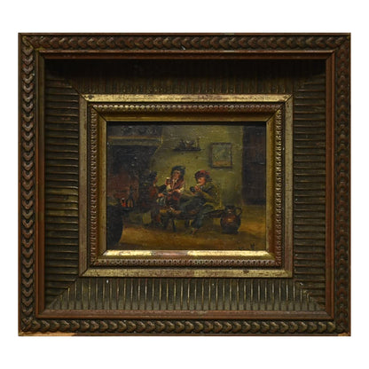 L'Estaminet peinture à l'huile sur métal monogramme non reconnu scène de café intérieur convivial art moderne
