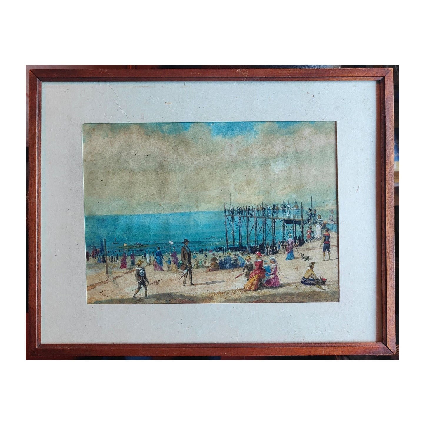 Aquarelle ancienne Scène de plage de 1884, œuvre du XIXᵉ siècle à signature non reconnue, aux tons doux et vivants, encadrée avec soin, pièce de collection.