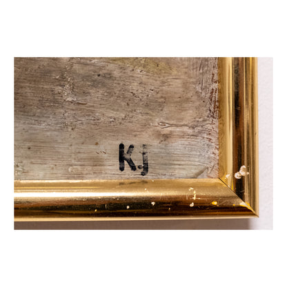 Peinture à l'huile sur carton monogramme K.J. composition artistique scène figurative art moderne
