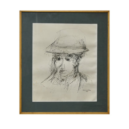 Portrait Femme au Chapeau dessin Georges Goes portrait féminin chapeau élégance art français authentique