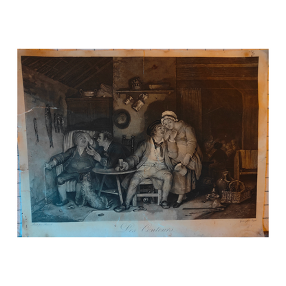 Les Conteurs gravure Burnet gravée par Fase scène narrative personnages racontant histoires art graphique