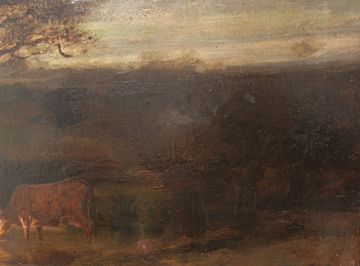 Image traitée - les vaches à l'abreuvoir au crépuscule- huile sur toile - signé Shannon