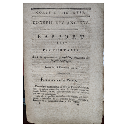 Rapport de Portalis sur les émigrés naufragés document original Conseil des Anciens 15 Thermidor an V révolution française authentique