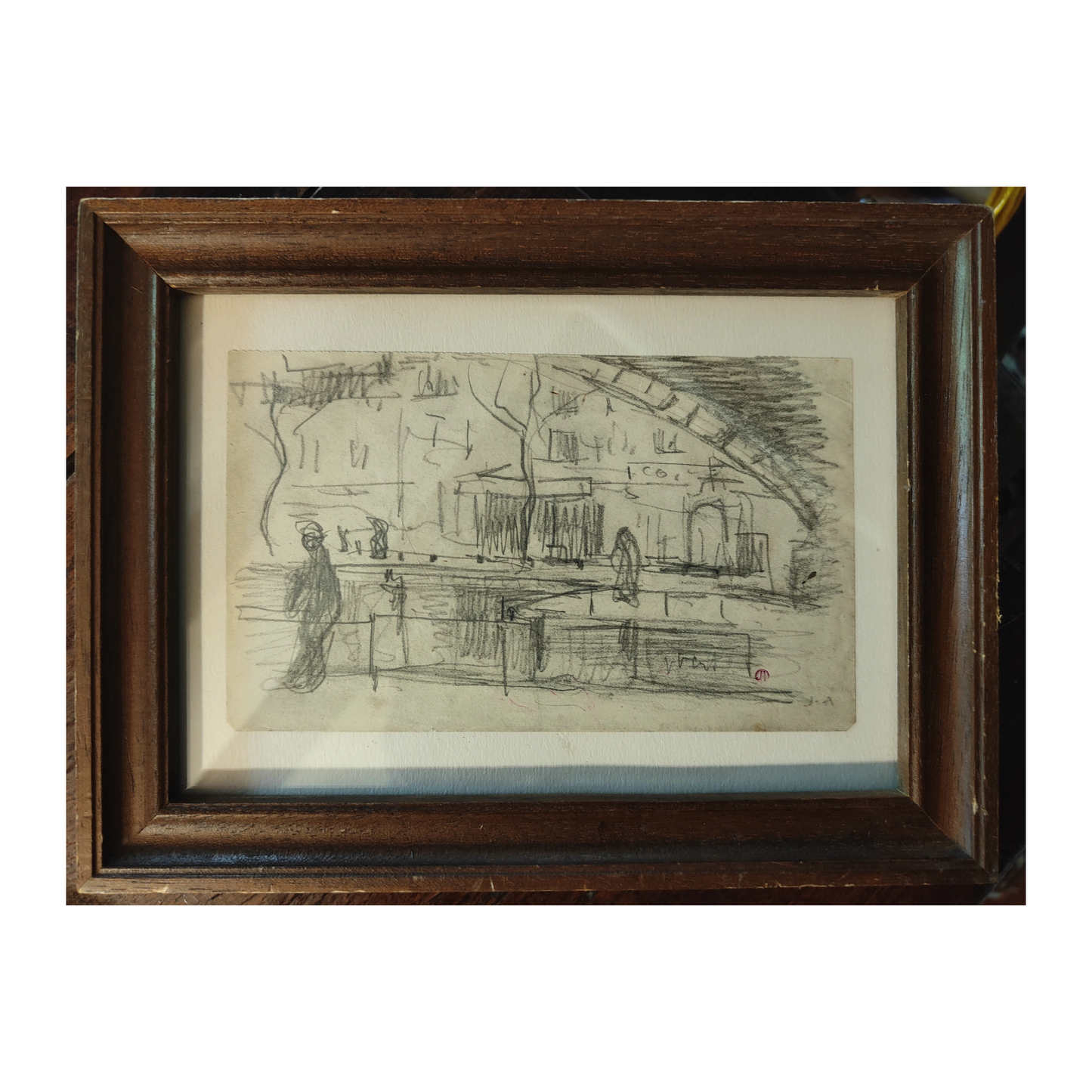 Sur le bord du canal de l'Ourcq dessin crayon Jules Adler paysage urbain canal Paris art français réalisme social 250 euros