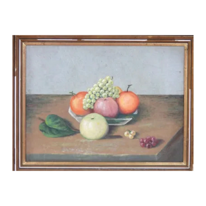 Nature morte huile sur panneau G. Ackermann composition florale fruits peinture classique art figuratif
