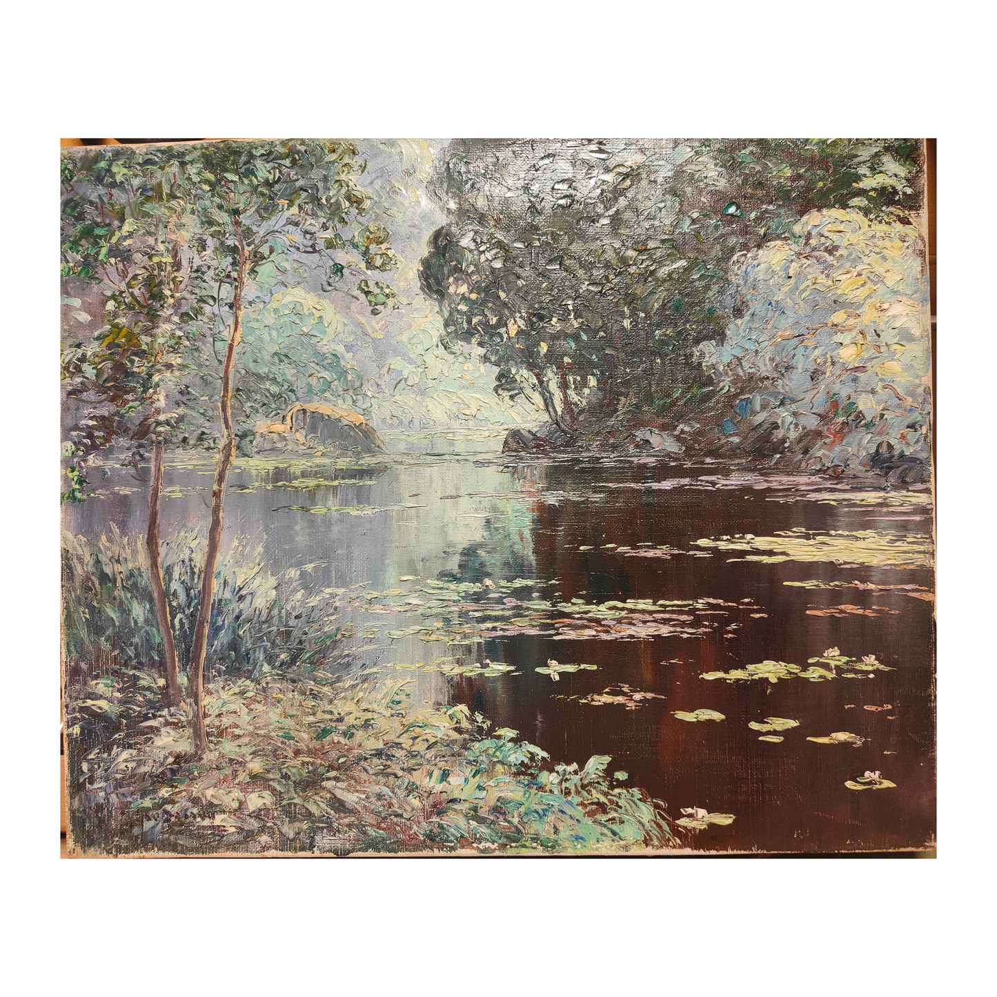 Paysage avec nymphéas huile sur toile Émile Gauffriaud paysage impressionniste art français 38x46 cm 450 euros