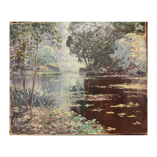 Paysage avec nymphéas huile sur toile Émile Gauffriaud paysage impressionniste art français 38x46 cm 450 euros