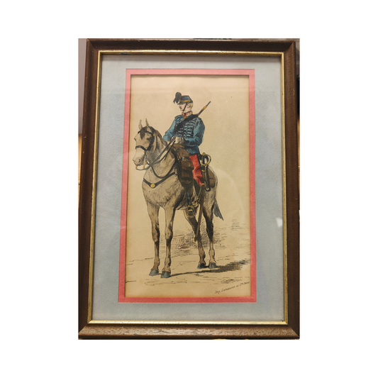 Chasseur à cheval lithographie Armand Dumaresq scène de chasse cavalier cheval fusil art graphique
