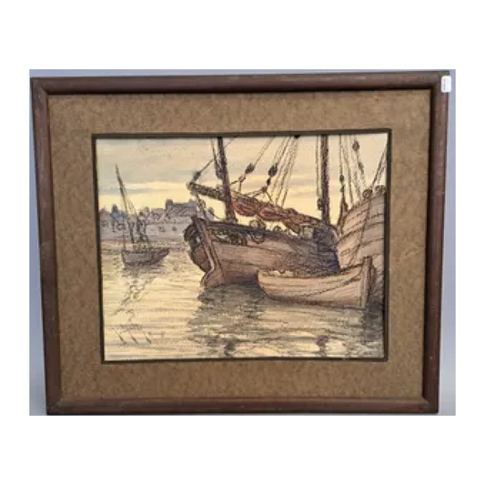 Vue de Roskoff dessin aquarelle Charles Mootz paysage Bretagne Roscoff art français 1889-1944 27x35 cm 300 euros