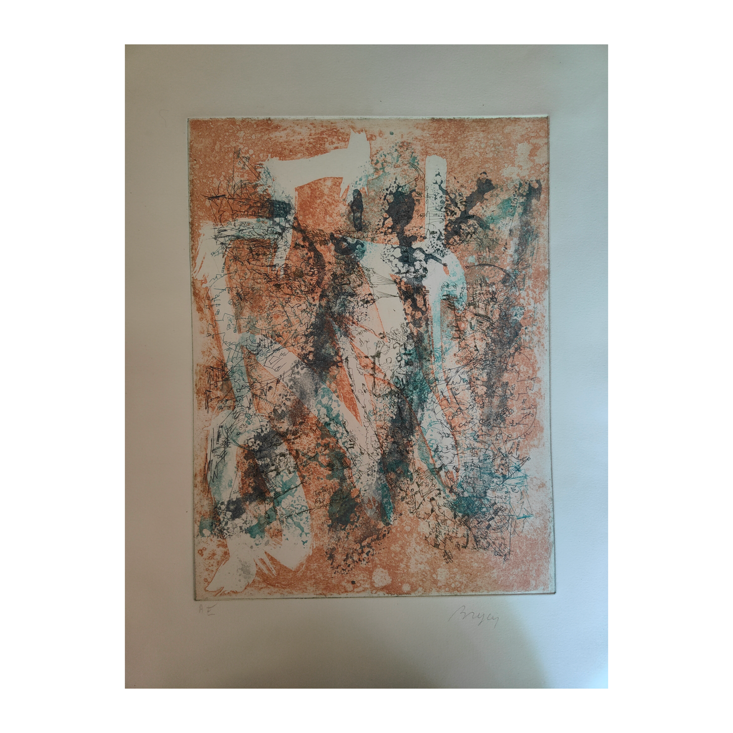 Composition sur fond orange lithographie couleur Camille Bryen art abstrait informel École de Paris justifiée 80/125 39x29 cm 350 euros