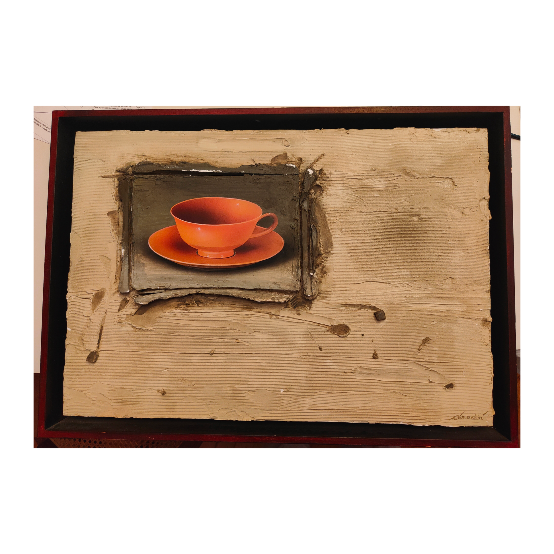 La tasse orange technique mixte Jean-Paul Donadini nature morte contemporaine matière 59x42 cm 500 euros