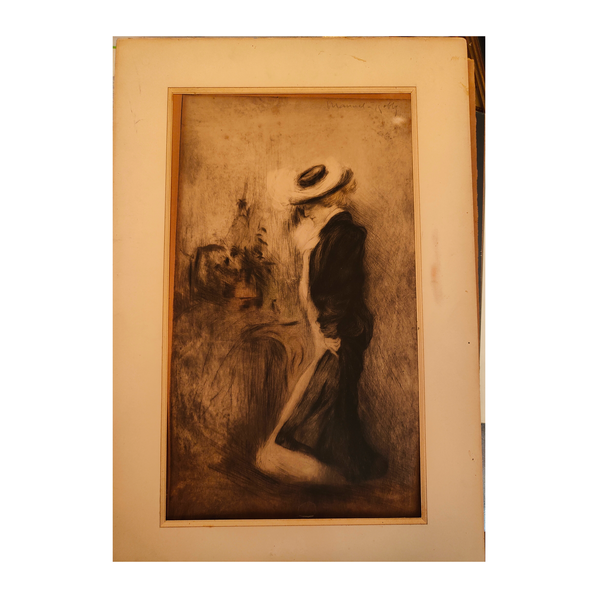 Élégante pointe sèche colorée Manuel Robbe art français Belle Époque élégance féminine début XXe siècle 37x56 cm 450 euros