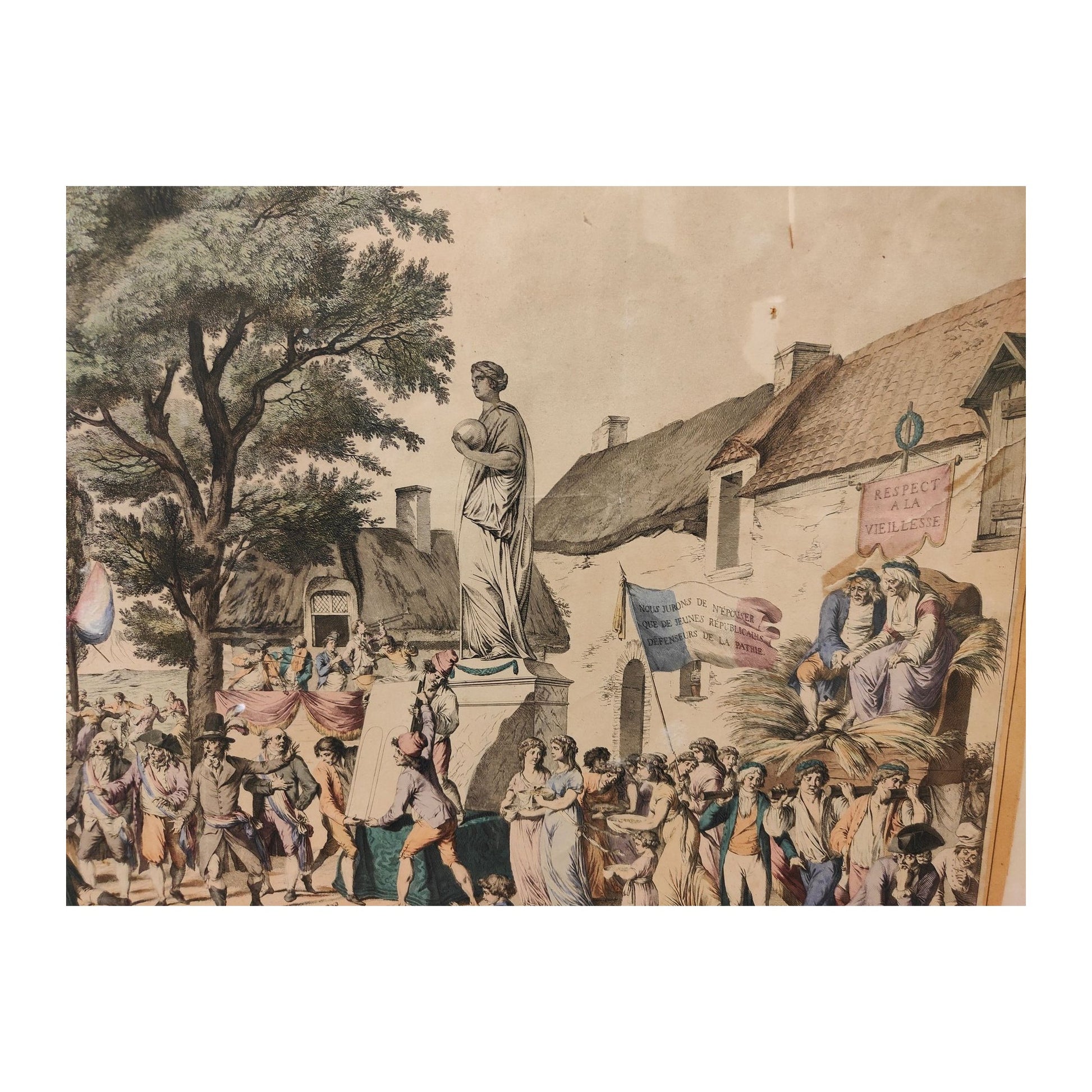 Grande gravure colorisée de la Fête de la Vieillesse, Fructidor An III, d’après Pierre-Alexandre Wille, estampe historique de la Révolution française encadrée sous verre (83 × 75 cm).