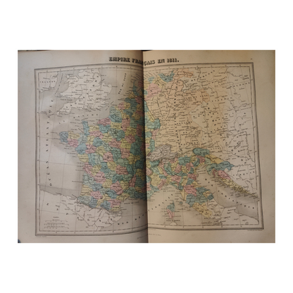 Atlas ancien Migeon Géographie universelle de 1883, grand volume in-folio relié demi-chagrin noir avec dorures, ouvrage historique illustré.