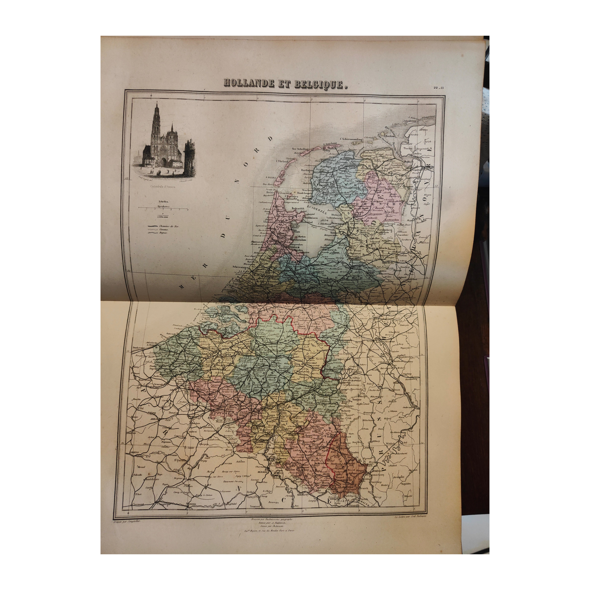 Atlas ancien Migeon Géographie universelle de 1883, grand volume in-folio relié demi-chagrin noir avec dorures, ouvrage historique illustré.