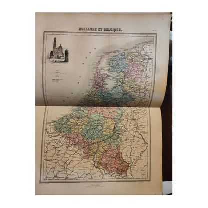 Atlas ancien Migeon Géographie universelle de 1883, grand volume in-folio relié demi-chagrin noir avec dorures, ouvrage historique illustré.