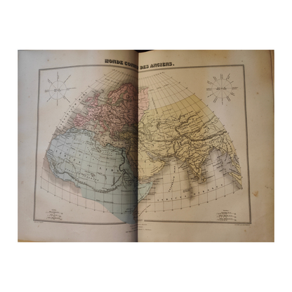 Atlas ancien Migeon Géographie universelle de 1883, grand volume in-folio relié demi-chagrin noir avec dorures, ouvrage historique illustré.