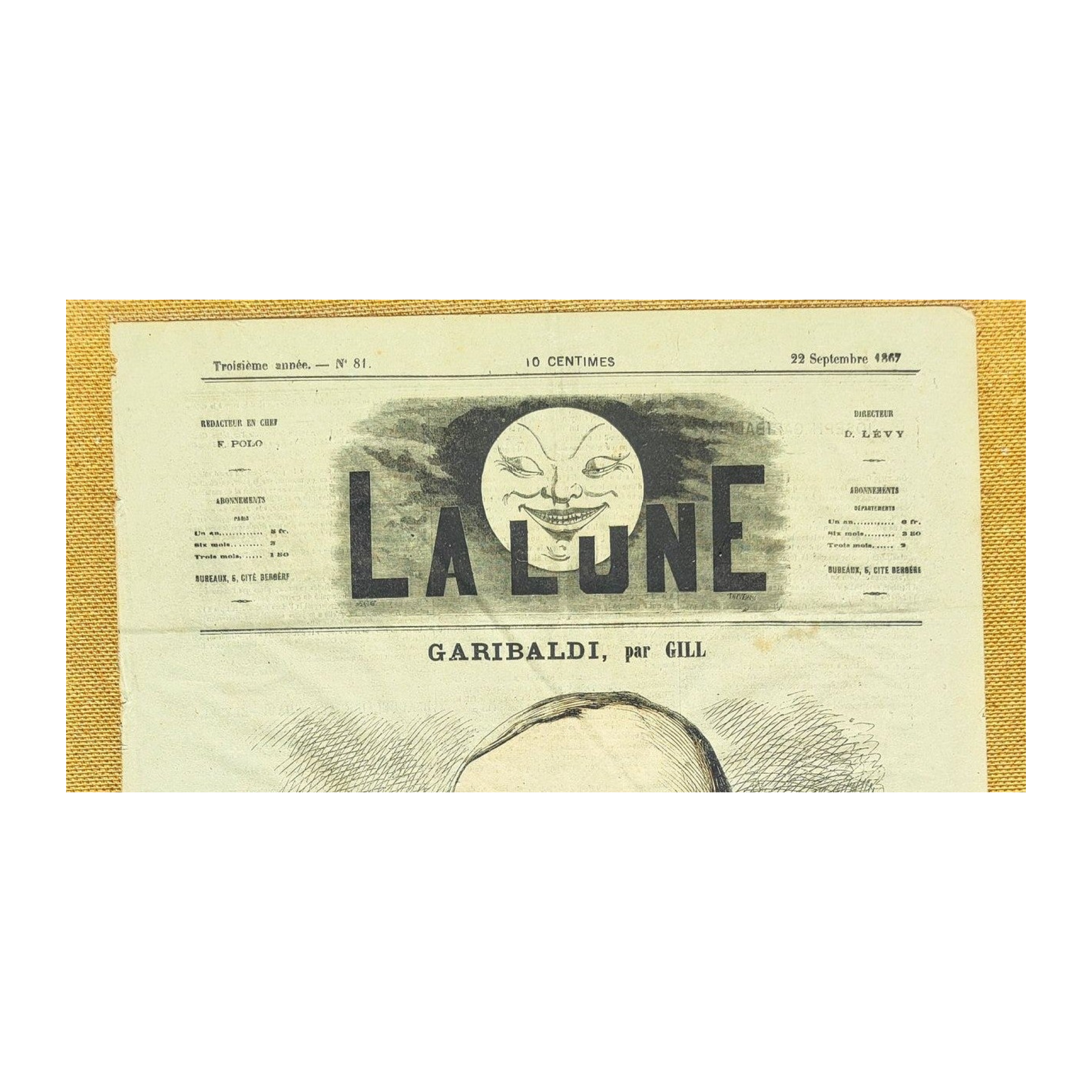 Caricature de Garibaldi en une du journal La Lune, lithographie originale ancienne bien encadrée au format 50 x 40 cm