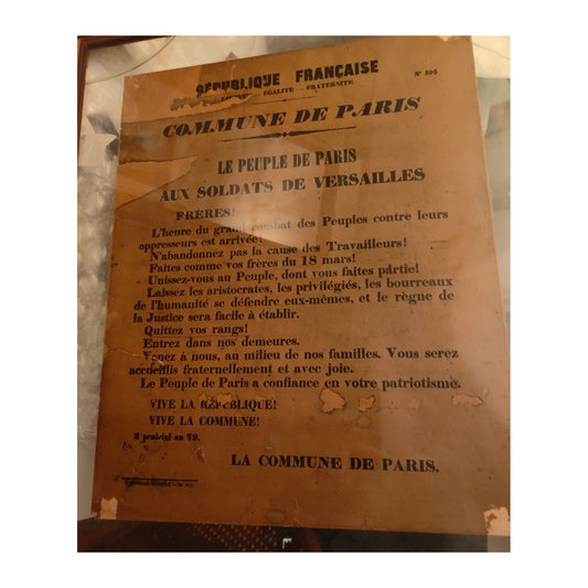  Affiche originale jaunâtre Commune de Paris 1871, appel du peuple aux soldats de Versailles, document historique encadré 