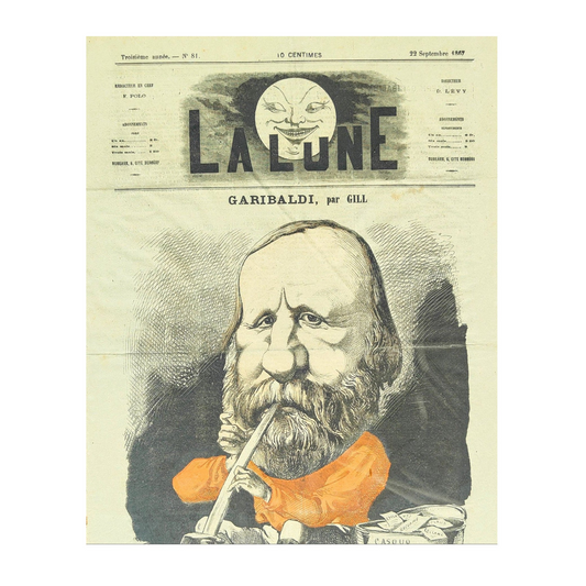 Caricature de Garibaldi en une du journal La Lune, lithographie originale ancienne bien encadrée au format 50 x 40 cm