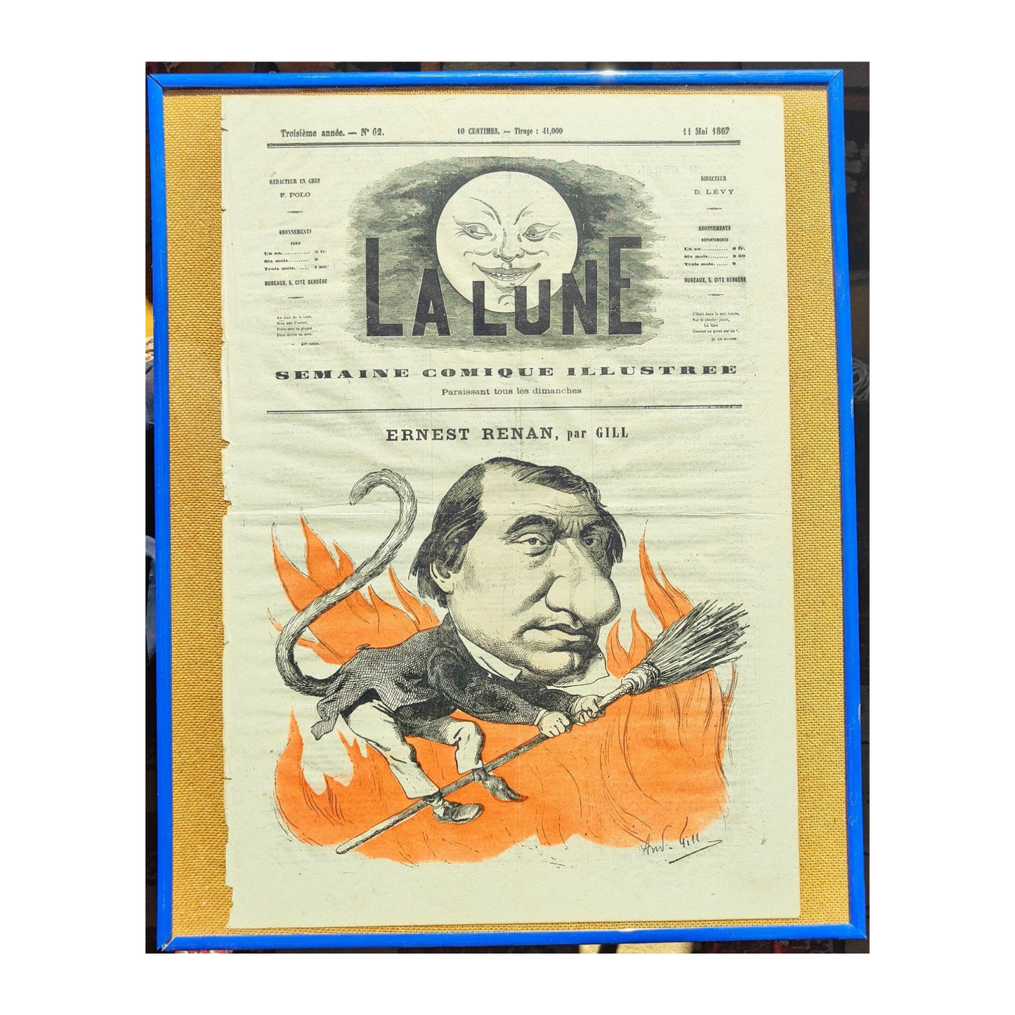 Caricature d’Ernest Renan en une du journal La Lune, lithographie ancienne bien encadrée au format 40 x 50 cm
