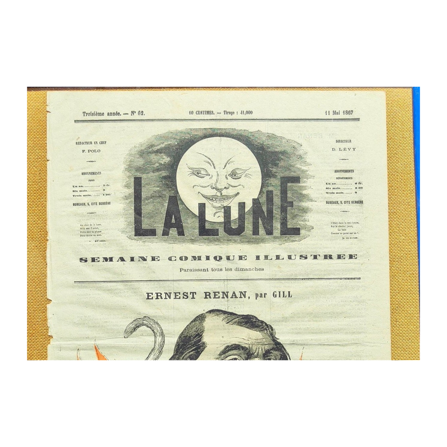 Caricature d’Ernest Renan en une du journal La Lune, lithographie ancienne bien encadrée au format 40 x 50 cm