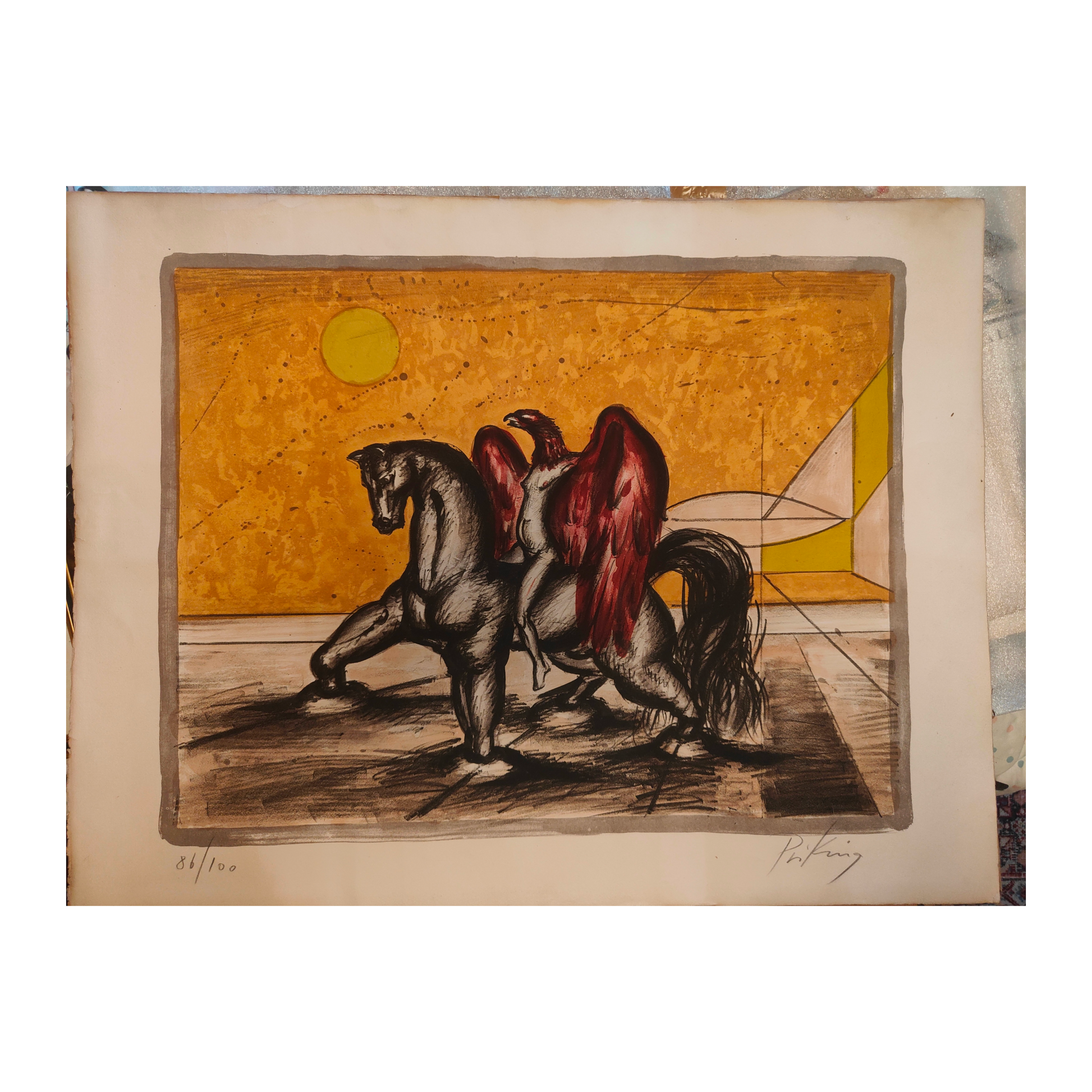 Icare sous le soleil lithographie au crayon Frantz Priking figure mythologique scène solaire art contemporain
