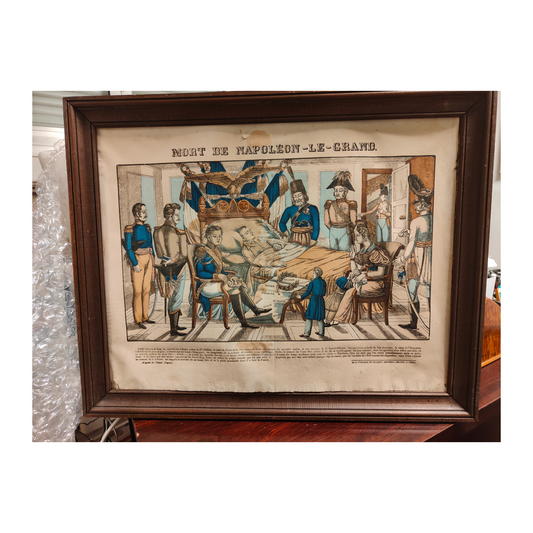 Grande gravure en couleurs “Mort de Napoléon Ier”, imagerie Pellerin d’Épinal XIXe siècle, estampe ancienne encadrée sans verre avec légère déchirure au-dessus de l’image.

