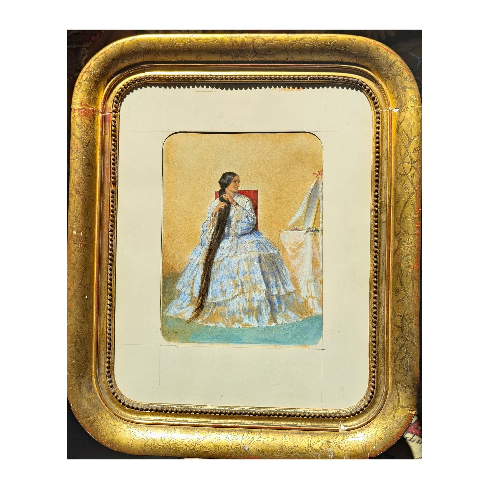 Aquarelle signée d’Auguste Raffet représentant le portrait d’une jeune femme à la longue chevelure, intitulée Portrait à la coiffure et présentée dans un encadrement soigné