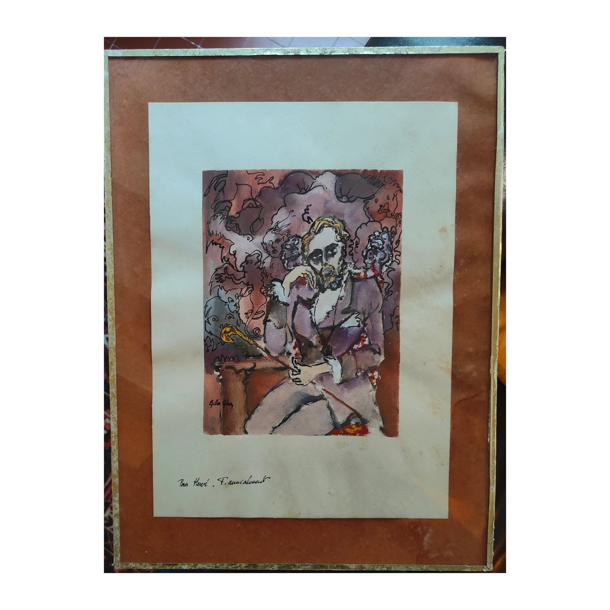 Œuvre originale Rêveries de Gilles Ghez, technique mixte sur papier signée et dédicacée à la main “Pour Hervé”, encadrée sous verre, à collectionner.