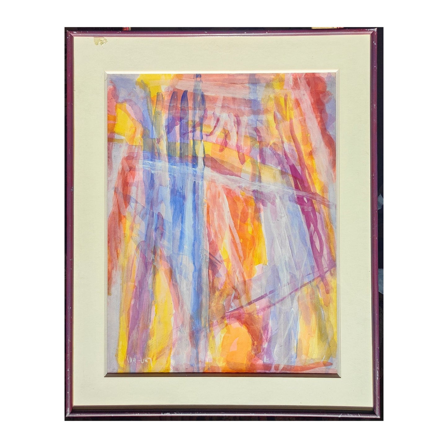 Grande aquarelle abstraite lumineuse signée de l’artiste israélien David Lan Bar, également connu sous le nom David Langberg, présentée dans un encadrement soigné
