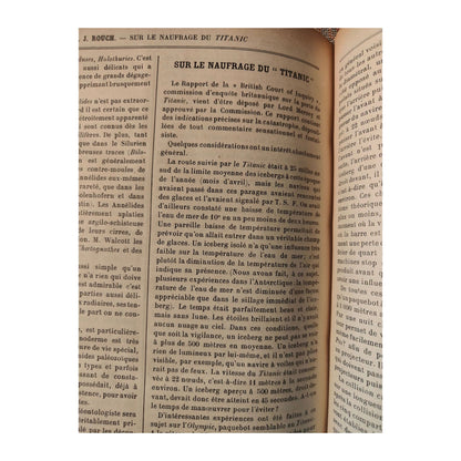 Volume relié de La Revue Scientifique, 2e semestre 1910, revue ancienne avec articles sur médecine, Titanic, armées et colonisation africaine.
