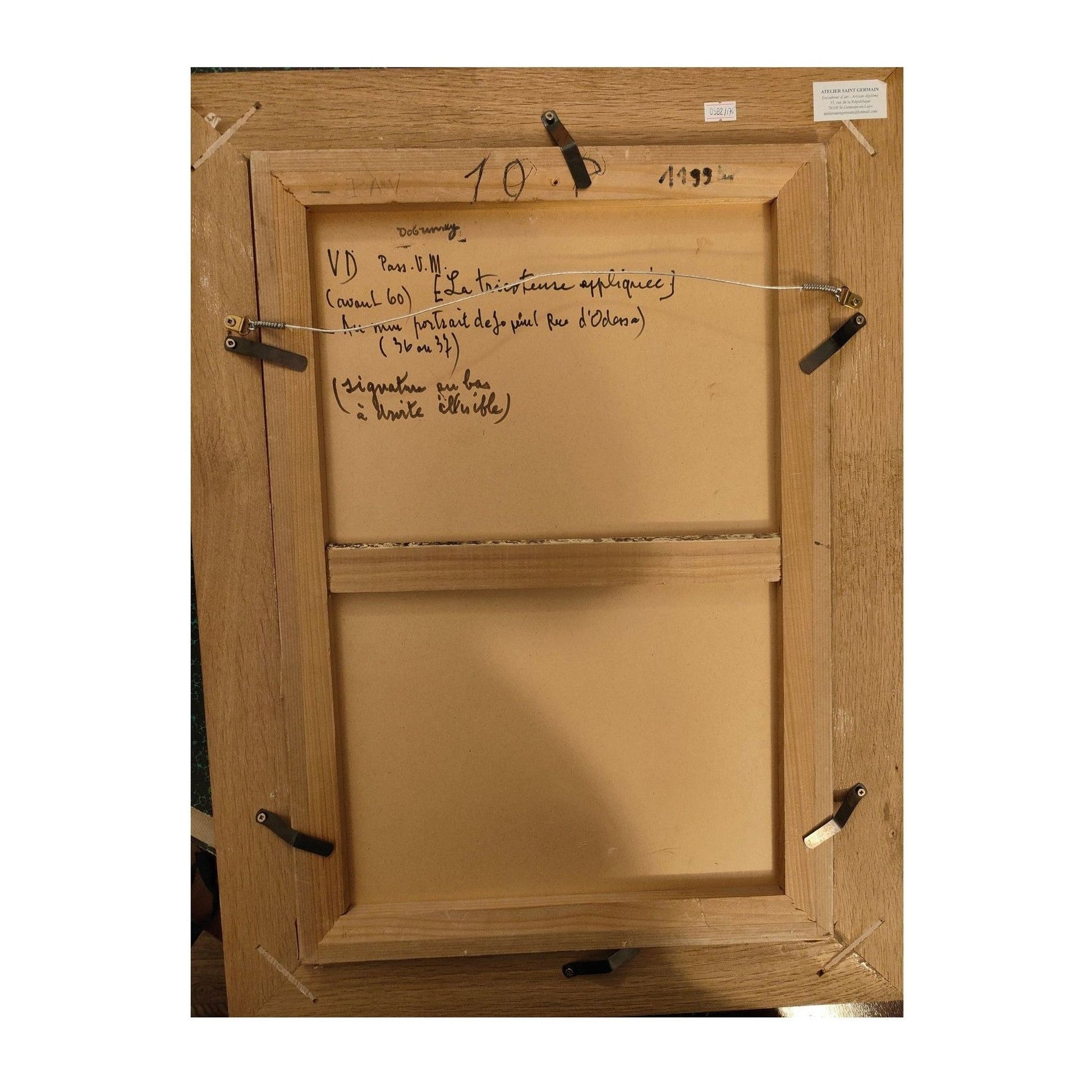 Huile sur toile "La tricoteuse appliquée" par Isaac Dobrinski, portrait de femme tricotant, tableau encadré 