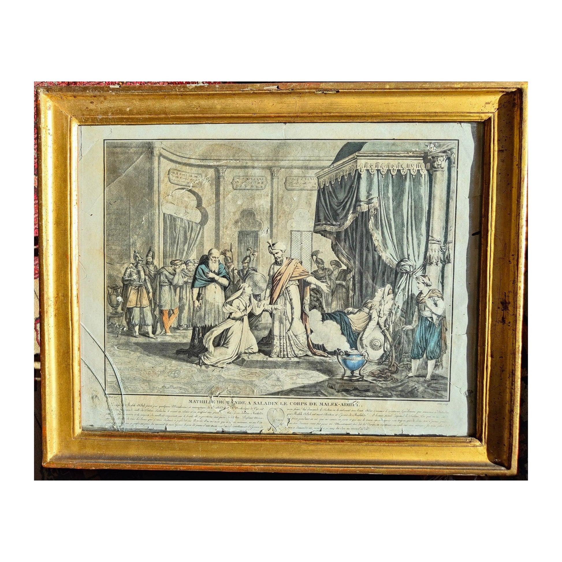 Gravure colorisée du 18e siècle intitulée Mathilde demande à Saladin le corps de Malek Adhel, imprimée par Pierre Michel Alix, encadrée sous verre 44 x 55 cm avec vitre à remplacer