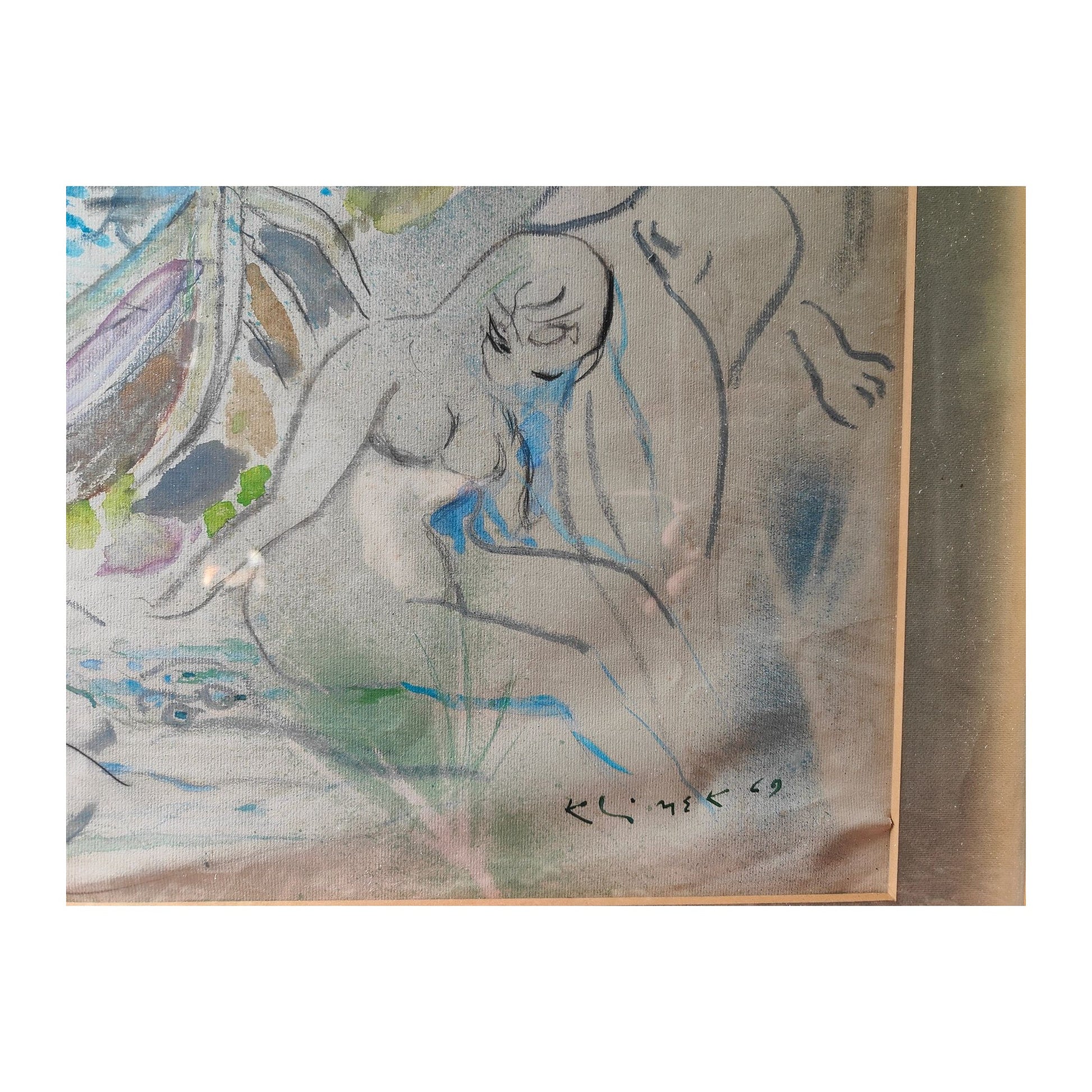 Grande aquarelle Les Femmes au bain de Ludwig Klimek, œuvre signée et datée 1969, encadrée sous verre, format 86 x 72 cm.