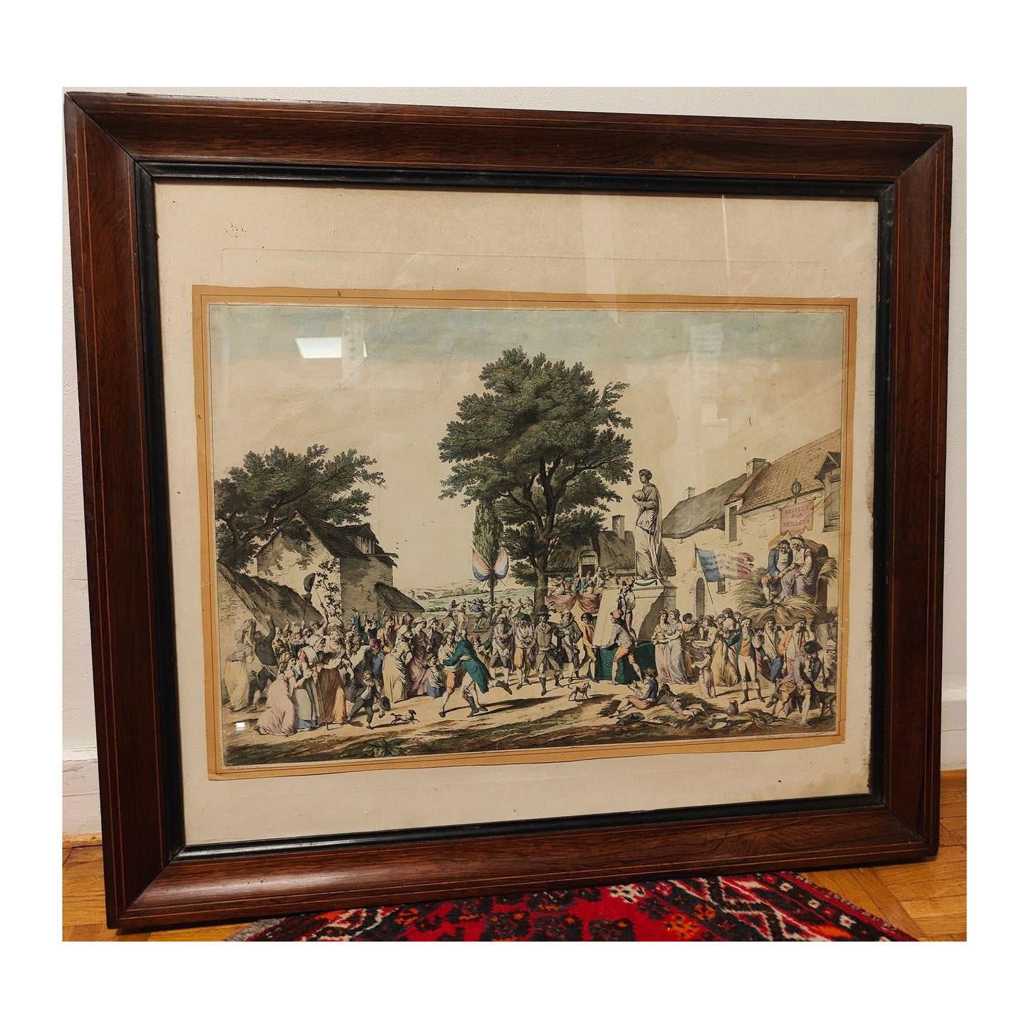 Grande gravure colorisée de la Fête de la Vieillesse, Fructidor An III, d’après Pierre-Alexandre Wille, estampe historique de la Révolution française encadrée sous verre (83 × 75 cm).