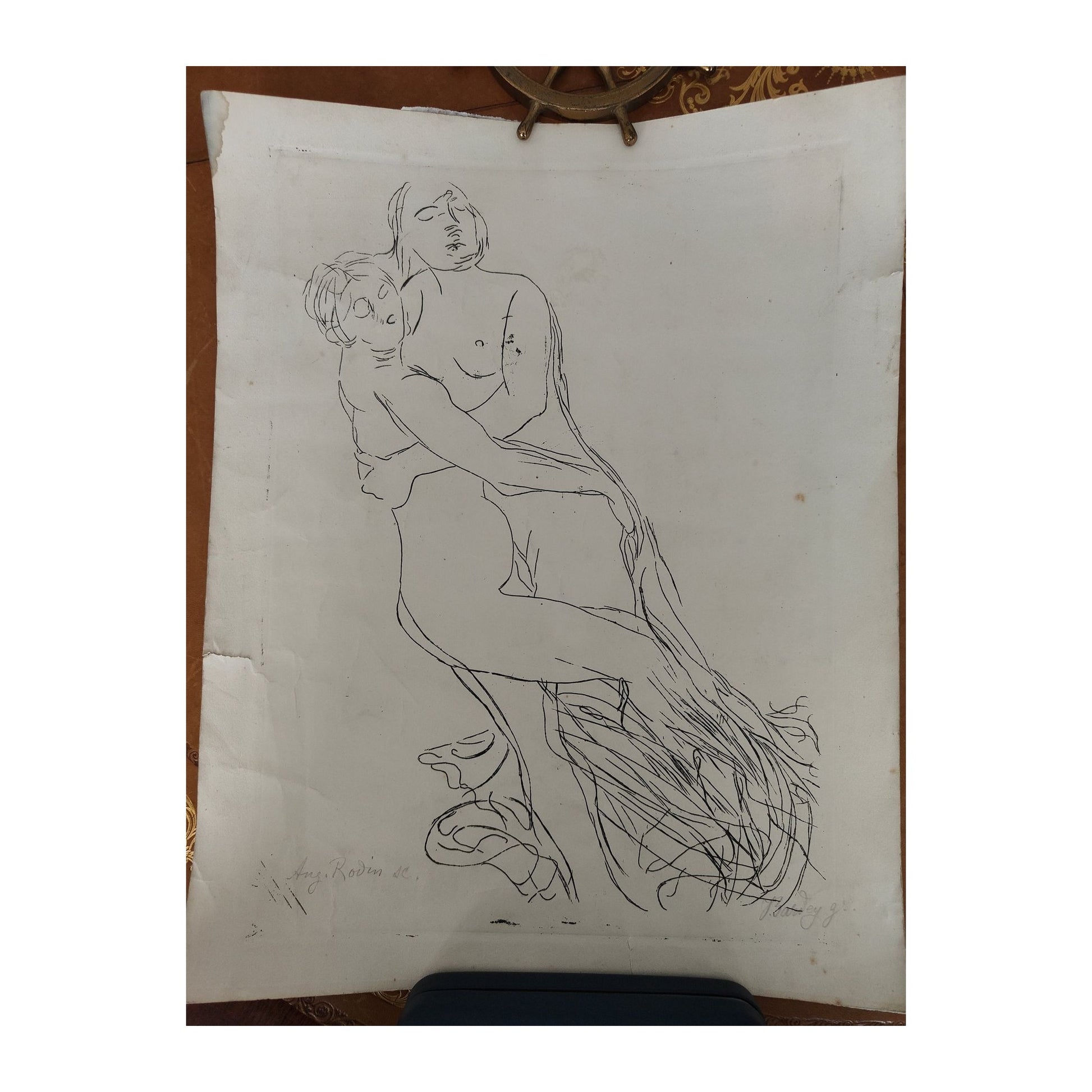 Pointe sèche originale Couple enlacé signée par Jeanne Bardey et Auguste Rodin, œuvre délicate et expressive, non encadrée, rare pièce d’atelier à collectionner.