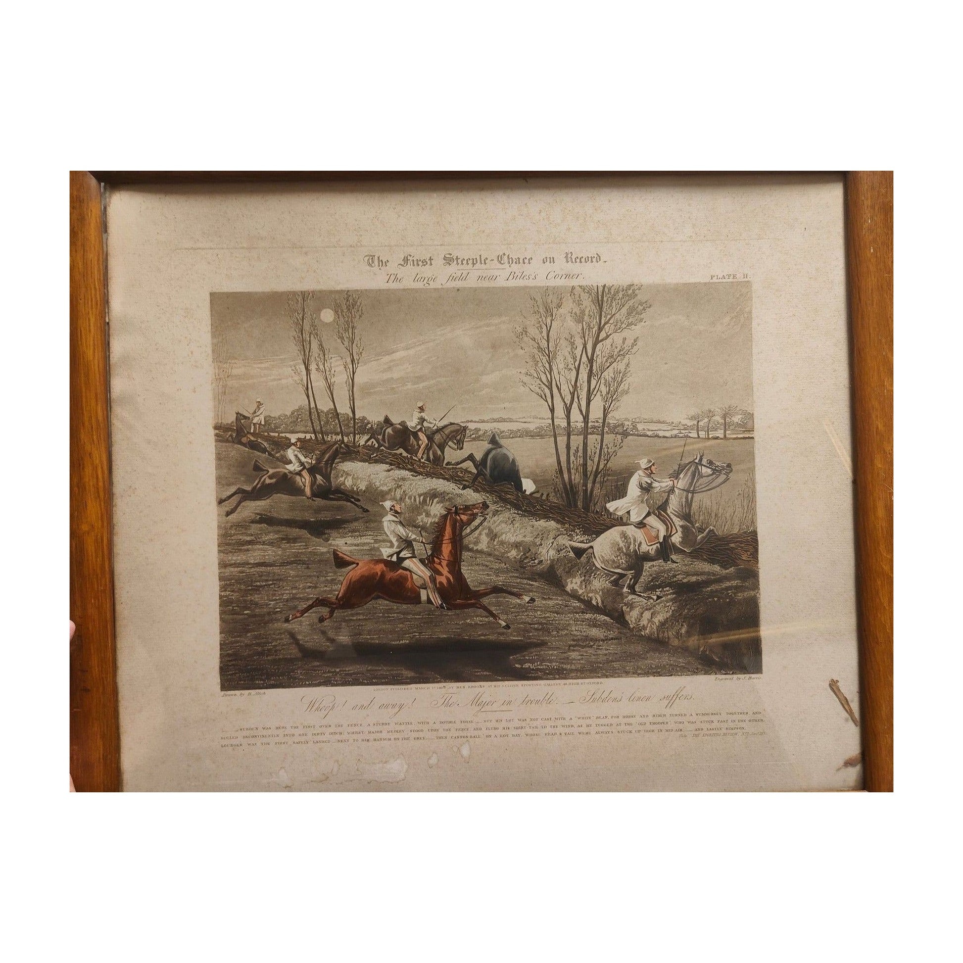 Gravure anglaise ancienne colorisée 1839 The First Steeple Chase on Record, dessin de Henry Alken gravé par Harris, scène de course hippique encadrée avec rousseurs.