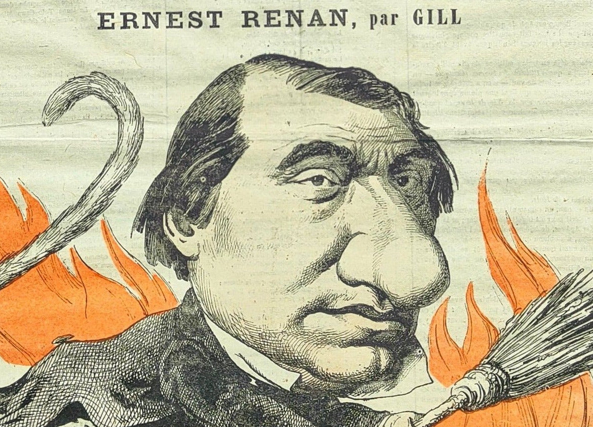 Caricature d’Ernest Renan en une du journal La Lune, lithographie ancienne bien encadrée au format 40 x 50 cm