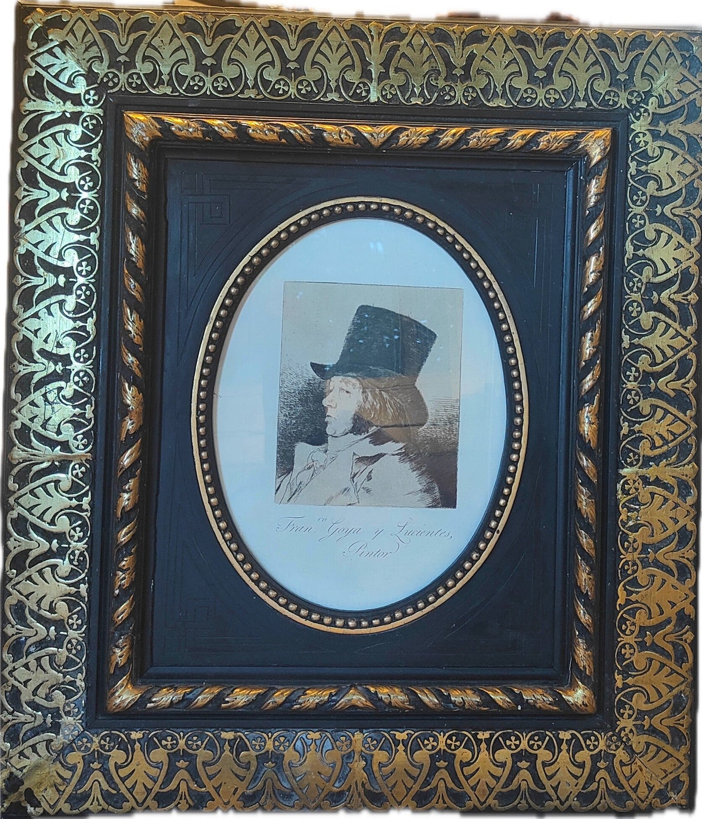 Image traitée - Eau-forte de Francisco de Goya autoportrait- les caprices– Cadre ancien XIXe