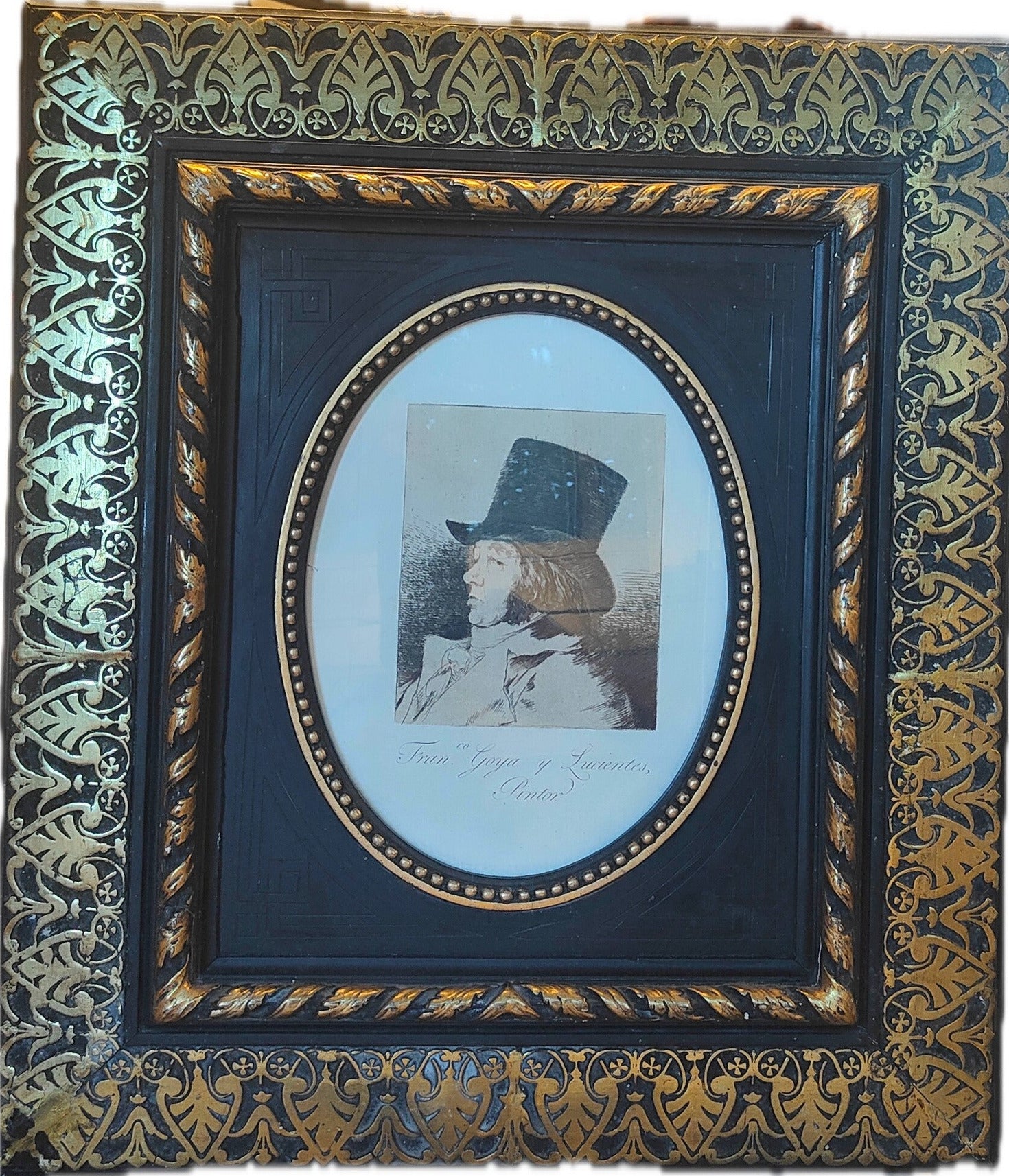 Image traitée - Eau-forte de Francisco de Goya autoportrait- les caprices– Cadre ancien XIXe