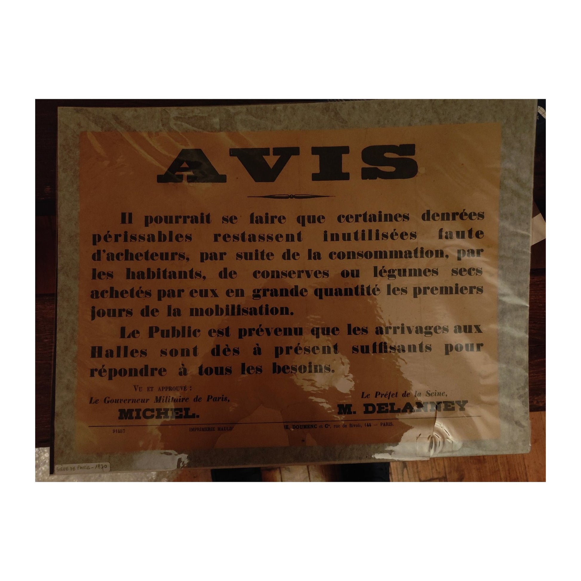 Affichette originale de la Commune de Paris 1871, émise par le préfet de Paris sur l’approvisionnement de la ville pendant le siège, document historique rare et authentique.