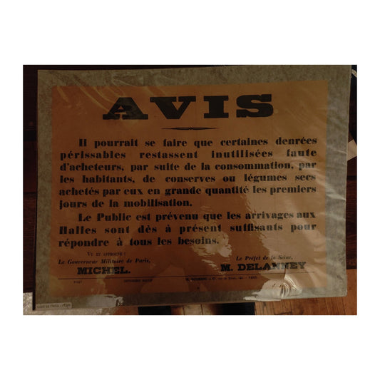 Affichette originale de la Commune de Paris 1871, émise par le préfet de Paris sur l’approvisionnement de la ville pendant le siège, document historique rare et authentique.