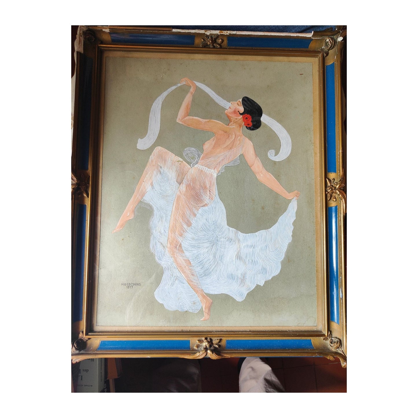 Aquarelle ancienne Danseuse légère signée H. Liebeskind et datée 1917, œuvre élégante et encadrée, belle scène artistique malgré artiste non reconnu.
