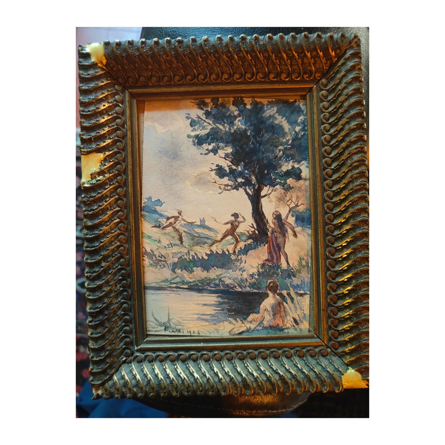 Aquarelle originale Les Baigneuses d’Édouard Perret, œuvre signée sur papier et encadrée sans verre, composition délicate et lumineuse du peintre français.