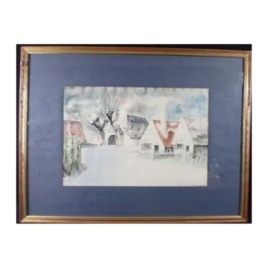 Aquarelle originale Les toits en Orléanais de Pierre Jacquot, signée et datée 1977, œuvre lumineuse et raffinée d’un peintre nancéien reconnu, encadrée avec soin.