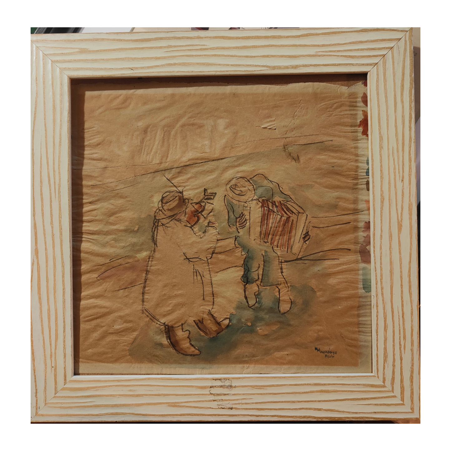 Aquarelle originale Musiciens de rue à Paris datée de 1934, signée mais non déchiffrée, scène parisienne vivante et colorée, œuvre encadrée sans verre.